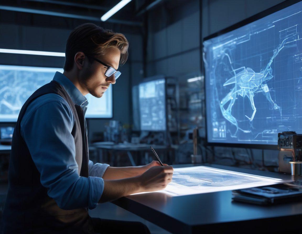 A futuristic inventor in a bright, well-lit workshop, sketching blueprints on a transparent digital screen. Surrounding them are holographic displays of innovative gadgets and technologies, indicating the evolution from idea to prototype. The atmosphere conveys creativity and inspiration with a hint of excitement for future possibilities. Elements of robotics and modern materials are featured prominently. super-realistic. vibrant colors. 3D.