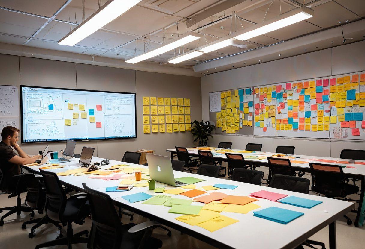 A dynamic, vibrant workspace showcasing a diverse team brainstorming product ideas, with colorful sticky notes, sketches, and prototypes scattered around. A large whiteboard filled with innovative concepts and strategies, while a laptop displays market launch plans. Bright, inspiring lighting highlights a creative atmosphere. super-realistic. vibrant colors. white background.